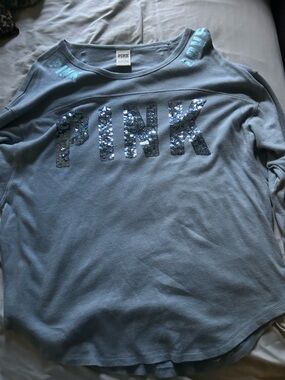PINK Victoria's Secret Blue Sequin Logo Long Sleeve Sweatshirt
